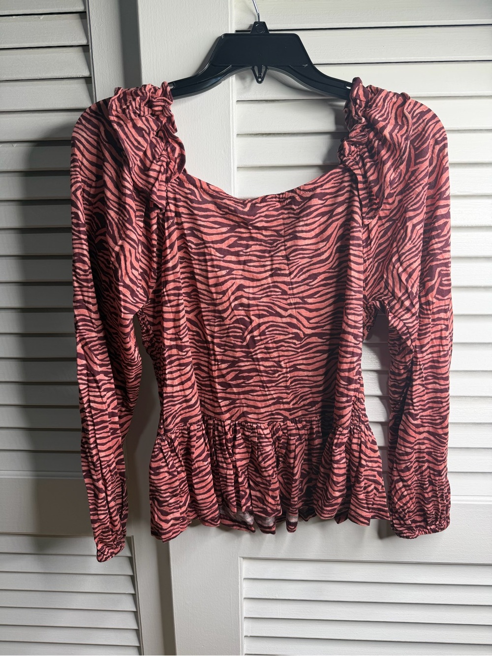 LOFT Pink and Black Zebra-Print Long Sleeve Peplum Top
